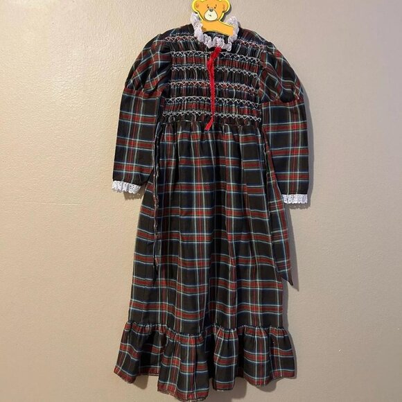 Vintage Kids Dress Hand Smocked Dress Size 6 Vintage Polly Flinders Plaid Long - Picture 1 of 4